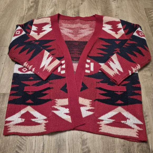 Women's Red Southwestern Cabincore Knit Cardigan Size 3XL - Picture 2 of 4
